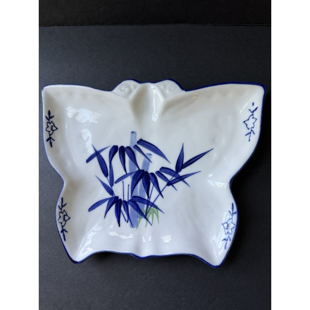 Vintage Handpainted Signed Porcelain Sushi Dish Blue White Asian Charcuterie
